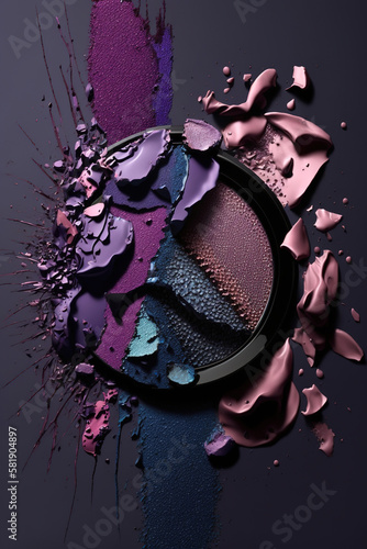 Exploding compact makeup with vibrant purple hues.