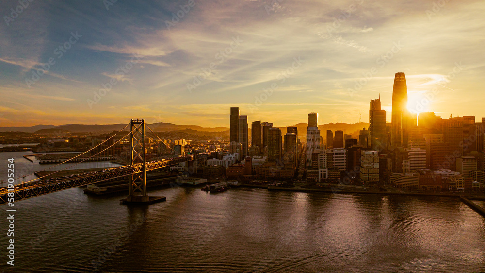 san francisco city in sunset by drone view