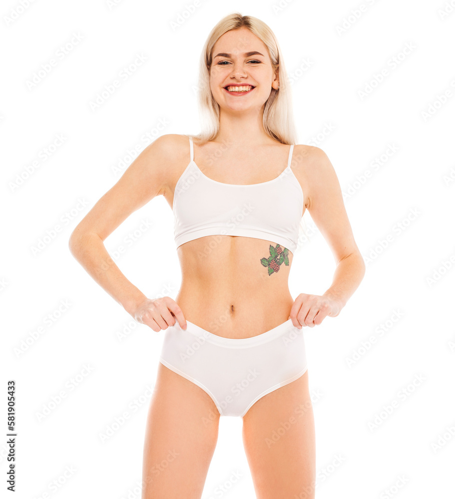 Young beautiful blonde woman in white sports underwear Young beautiful blonde woman in white sports underwear