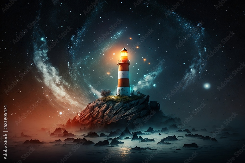 illustration of a lighthouse in the night | Clear night | Space | Generative AI |