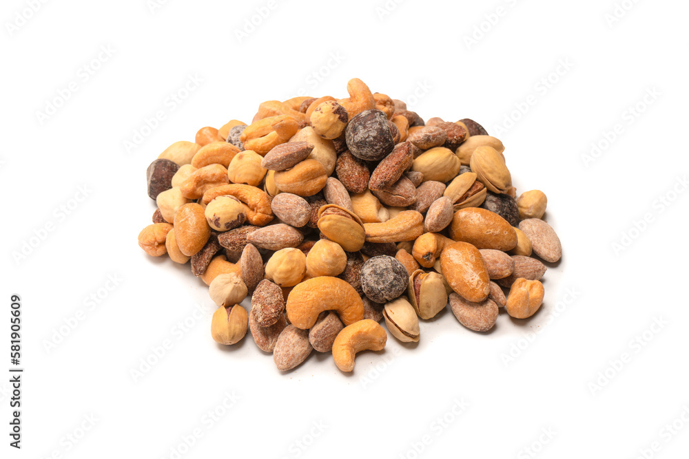 A group of almonds, pistachios, walnuts, macadamia, cashews. A group of almonds, pistachios, walnuts, macadamia, cashews.