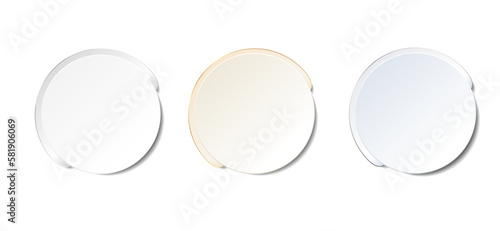 A set of round vector buttons on a white background with space for copy. Beautiful illustrated stickers, gold, silver, gray with highlights and gradient