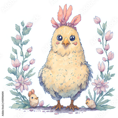 Ilustracja wielkanocnej kury z kwiatami, rysunek akwarelą, SI