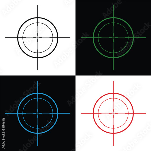 Gun Sight Crosshairs Bullseye Isolated Vector Illustration in Black ,Green and red