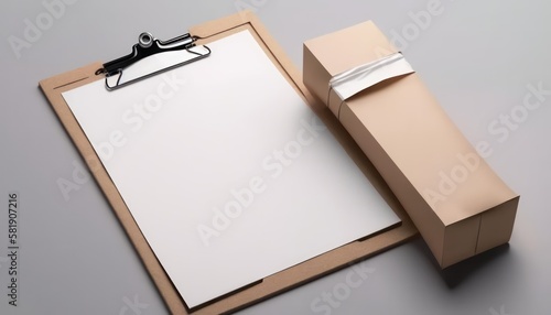 Clip board with blank paper and package. Mockup