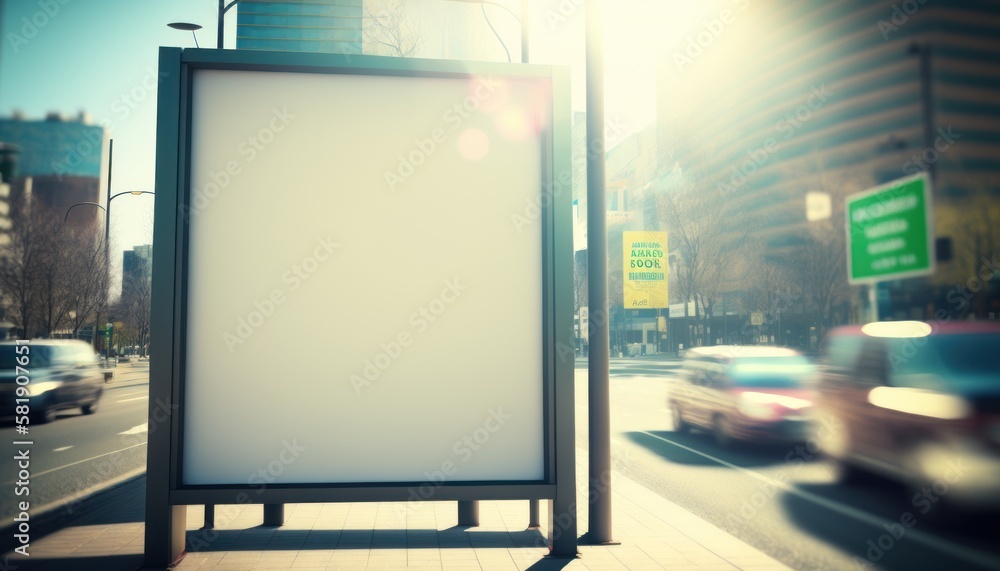 Fototapeta premium Empty billboard in city, bright day, blur background Mockup