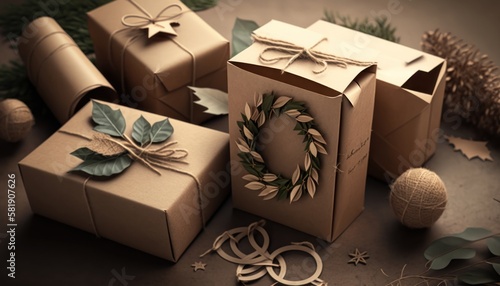 Eco-friendly gift wrapping in kraft paper and leaves © Tisha