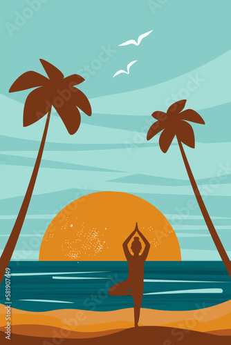 Abstract simple contemporary poster with palm trees, ocean, silhouette of a girl in asana position, woman doing yoga on the seashore. Vector graphics.
