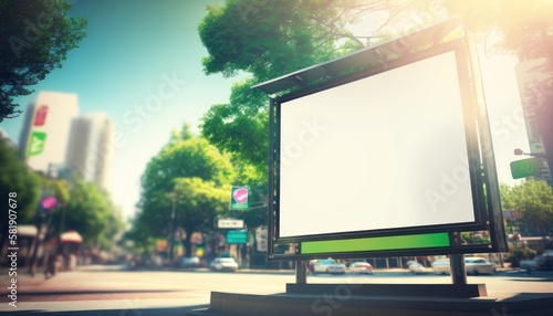 Empty billboard in city, bright day, blur background Mockup