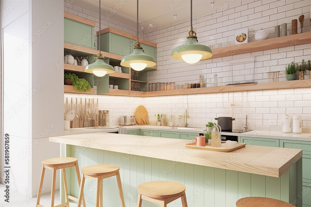 generative ai illustration of a pastel colored kitchen mock up