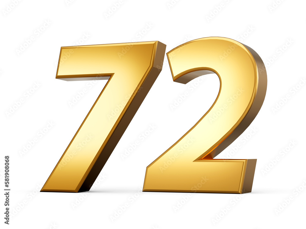 Golden metallic Number 72 Seventy two, White background 3d illustration Golden metallic Number 72 Seventy two, White background 3d illustration