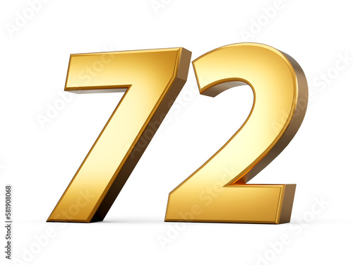 Golden metallic Number 72 Seventy two, White background 3d illustration photo