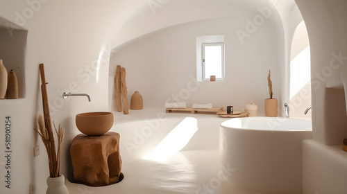 Minimalistic Cycladic style bathroom with curved white walls - Generated by Generative AI