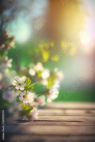 illustration  spring flower on a wooden table in a green garden  ai generative