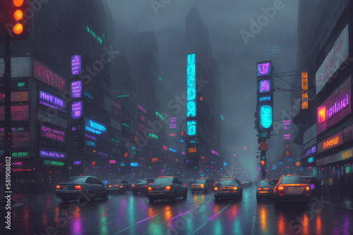 Rainy night street in futuristic city  skyscrapers  cars and random people  foggy. Generative AI.