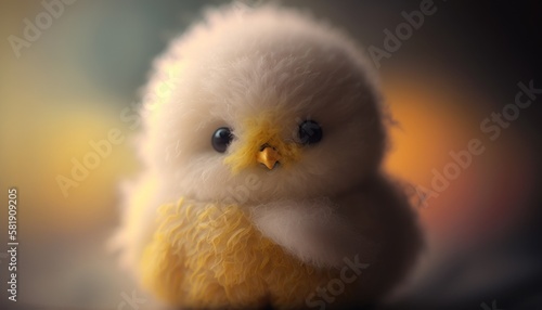 Cute plush toy bird, sits, soft warm lighting, background blur