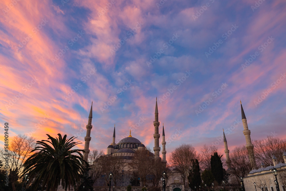 Sultanahmet Mosque with dramatic clouds at sunrise. Blue Mosque in Istanbul