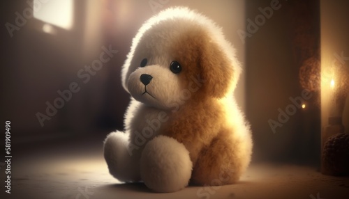 Cute plush toy dog, sits, soft warm lighting, background blur