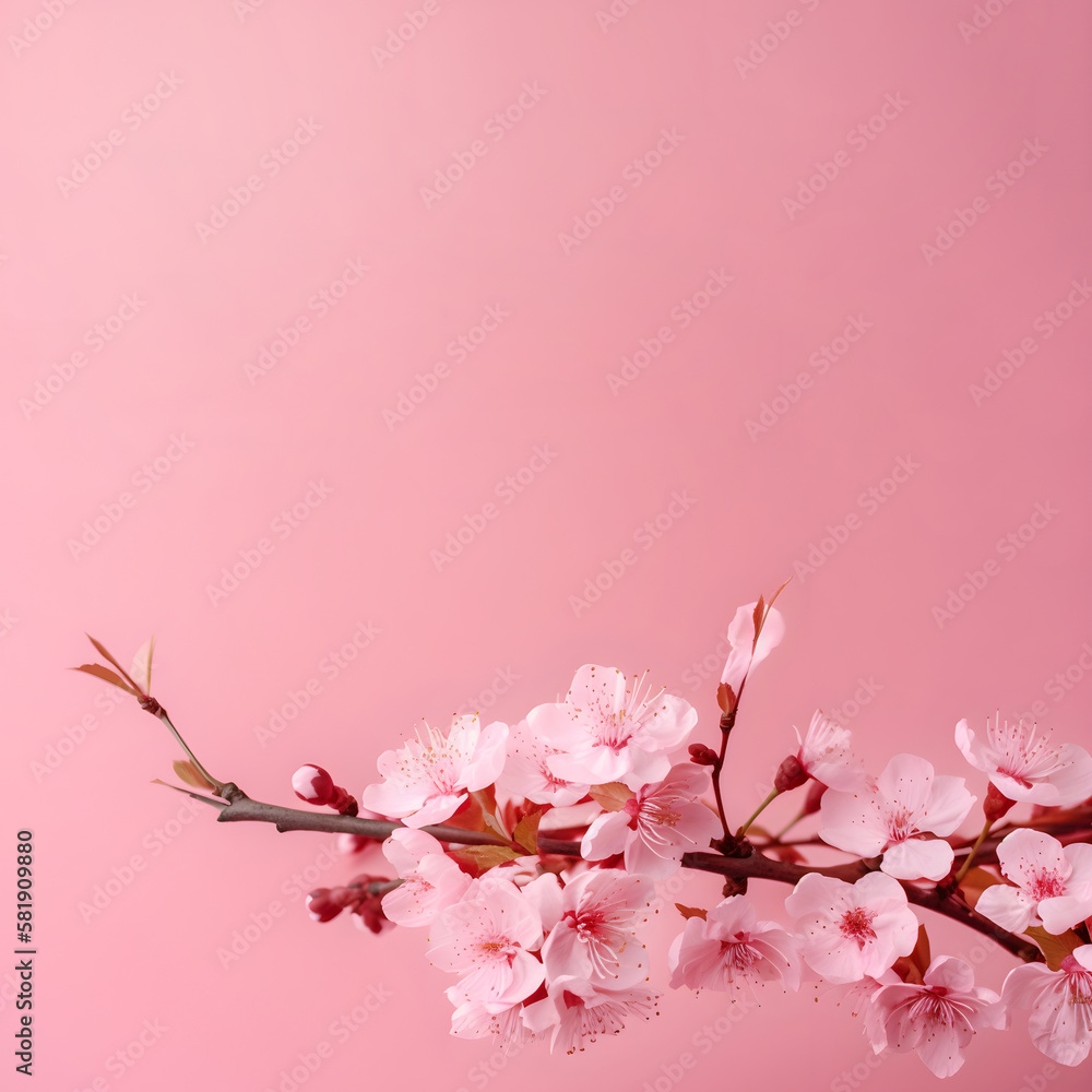 Flowering tree branch isolated on pink background with copy space. Generative AI Flowering tree branch isolated on pink background with copy space. Generative AI