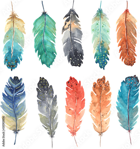 A set of multi-colored feathers. To create designs for Easter.