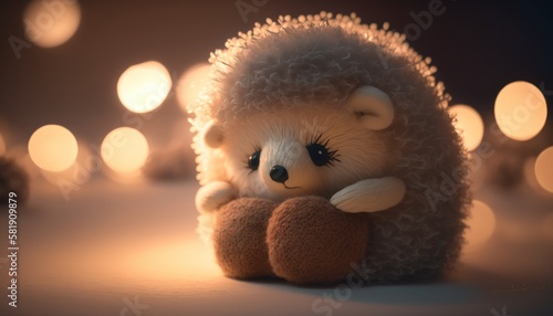 Cute plush toy hedgehog, sits, soft warm lighting, background blur