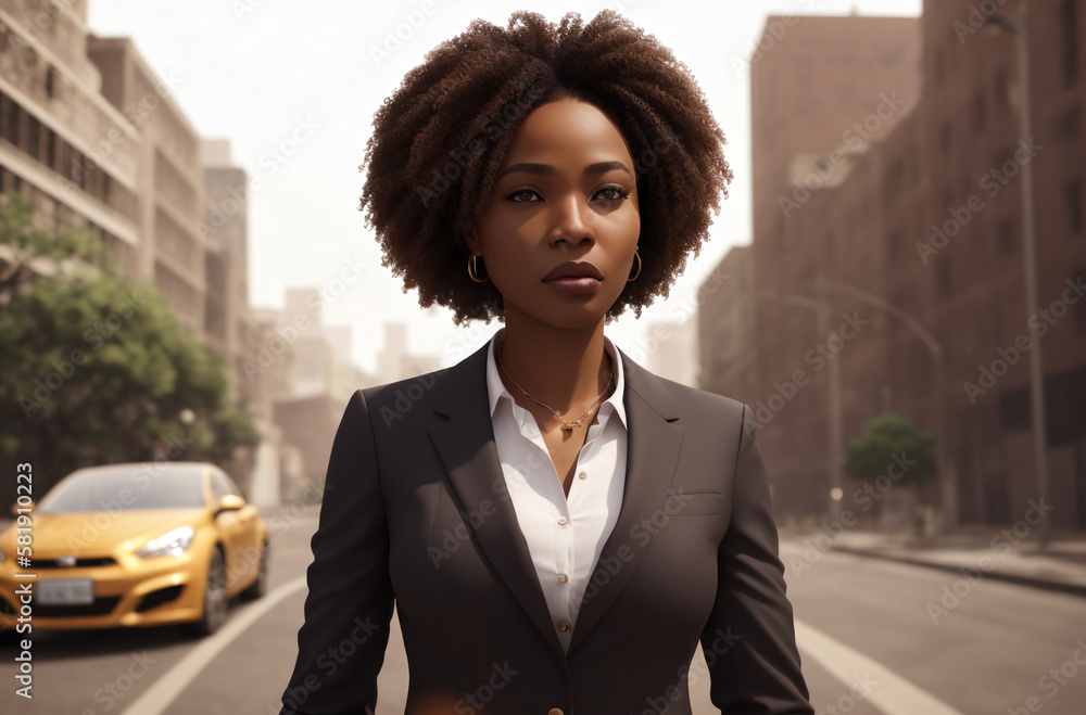 A stylish African-American woman in a business suit. Business woman. Generative AI.