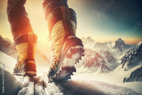 Mountaineering boots in snowy alps. Hiking and trekking and climbing shoes and equipment. AI generative