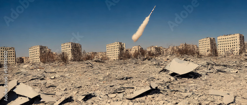 A military rocket with a deadly charge takes off into the sky from a dilapidated city on a clear spring day. Generative, Generative AI, AI photo