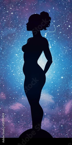 Dot matrix of fertility goddess silhouette with a galaxy-inspired backdrop Generative AI