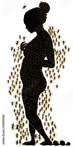 Dot matrix of fertility goddess silhouette with a swarm of bees Generative AI