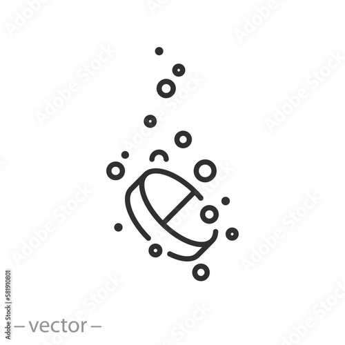soluble tablet icon, effervescent pill, vitamins or sugar substitute, water bubbles, thin line symbol on white background - editable stroke vector illustration eps10