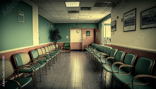 hospital waiting room with empty chairs, in the style of canon ts-e 17mm f/4l tilt-shift, nostalgic mood, olympus xa2, hdr, goosepunk, emerald and brown,created with generative ai tools
 photo