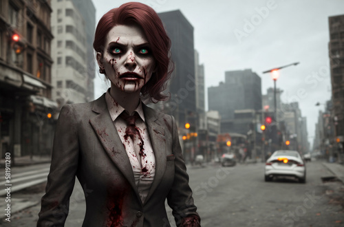 Zombie woman in business suit on city street. Stylish living dead in downtown. Generative AI.