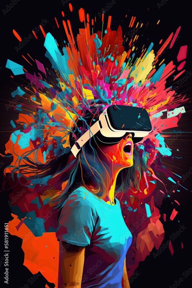 illustration, a woman with virtual reality glasses looks up ,generative ai