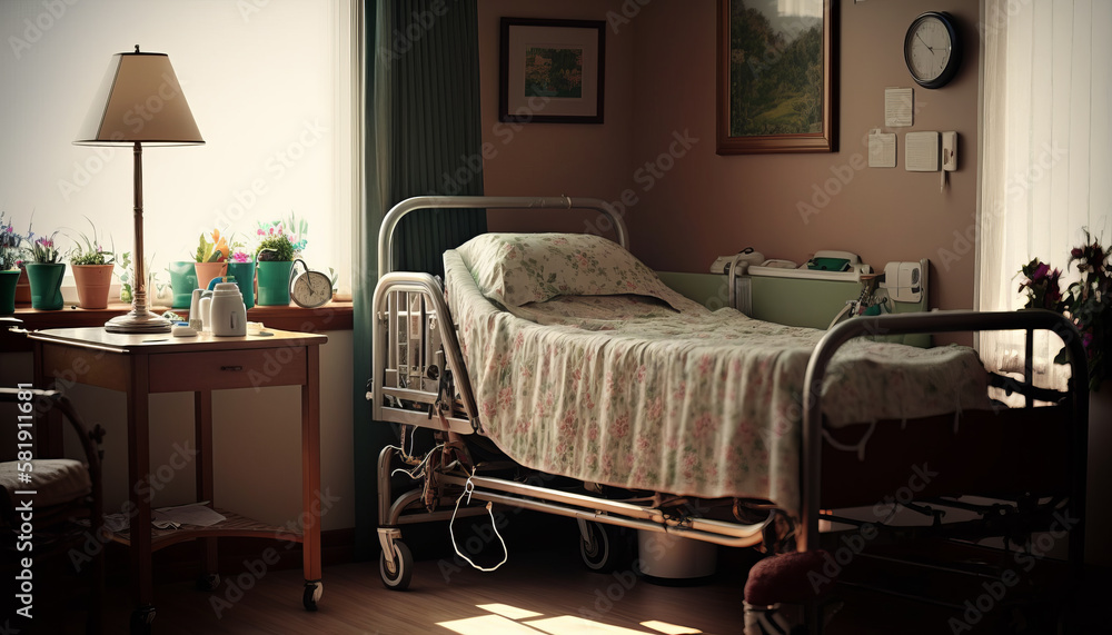 nursing home room with care home bed, generated with ai tools Stock