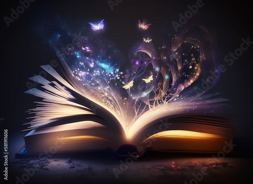 Magic book with open pages and abstract lights shining in darkness - literature and fairytale concept, generative ai