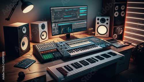 home music studio with wooden desk and monitor speakers, midi keyboards and interfaces, created with generative ai tools