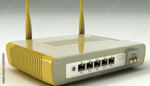 old fashioned double arial network router, with 5 LAN ports and, grey and yellow isolated on a white background, air vents on the side. generated with ai tools