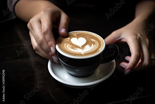 Close up Cup of coffee latte in coffee shop.Female hands holding a cup of coffee cup with heart shaped latte art foam on black wood table - Generative AI