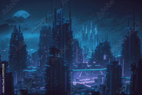 city at night, blue skyline, cyberpunk concept generative AI tools