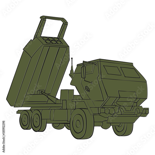 HIMARS Doodle outline in color. M142 High Mobility Artillery Rocket System. Tactical truck.