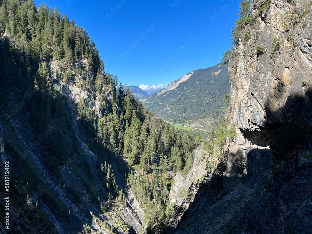 View towards the picturesque valley of the river Albula or Alvra from the canyon of the alpine stream Schaftobelbach, Alvaneu Bad (Alvagni Bogn) - Canton of Grisons, Switzerland (Schweiz)