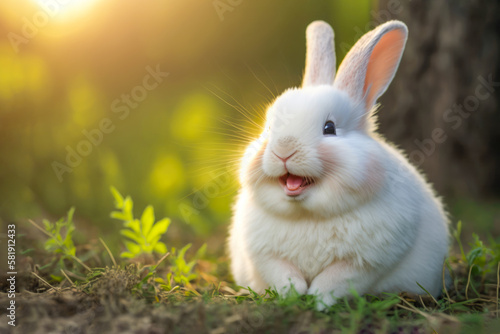 Smiling magic rabbit in the spring park - Easter concept. AI generative © EdNurg