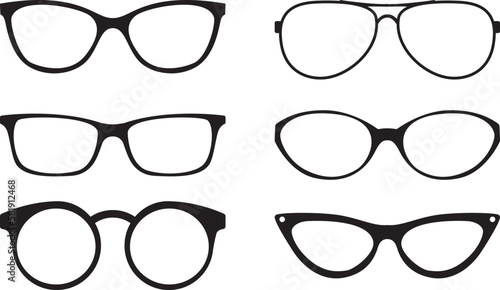 Lentes negras. Ilustración vectorial de la colección de anteojos. Lentes clásico y moderno. Complementos ópticos masculinos y femeninos de diseño