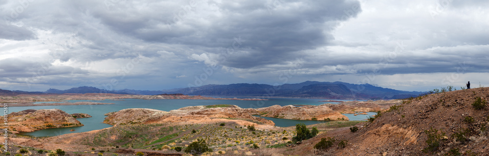 Lake Mead with record water level and storm cloud. Shot in March 2023 Lake Mead with record water level and storm cloud. Shot in March 2023