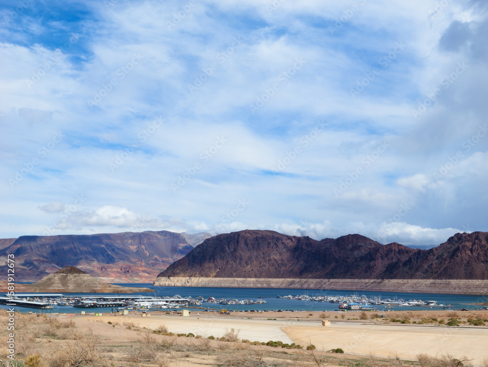 Lake Mead with record water level and storm cloud. Shot in March 2023 Lake Mead with record water level and storm cloud. Shot in March 2023