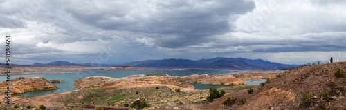 Lake Mead with record water level and storm cloud. Shot in March 2023