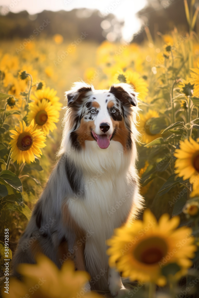 Australian shepherd in sunflower field created with AI Australian shepherd in sunflower field created with AI
