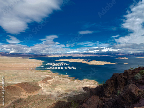 Lake Mead with record water level and storm cloud. Shot in March 2023