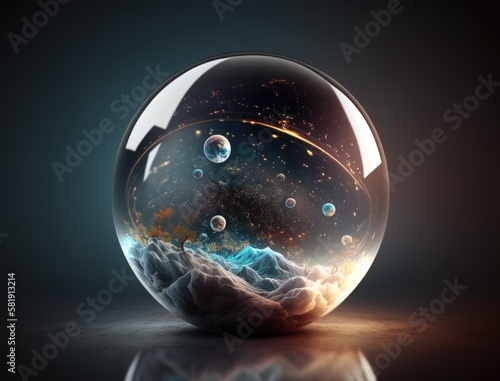 Abstract crystal sphere with a whole galaxy and ecosystem inside. Generative AI.